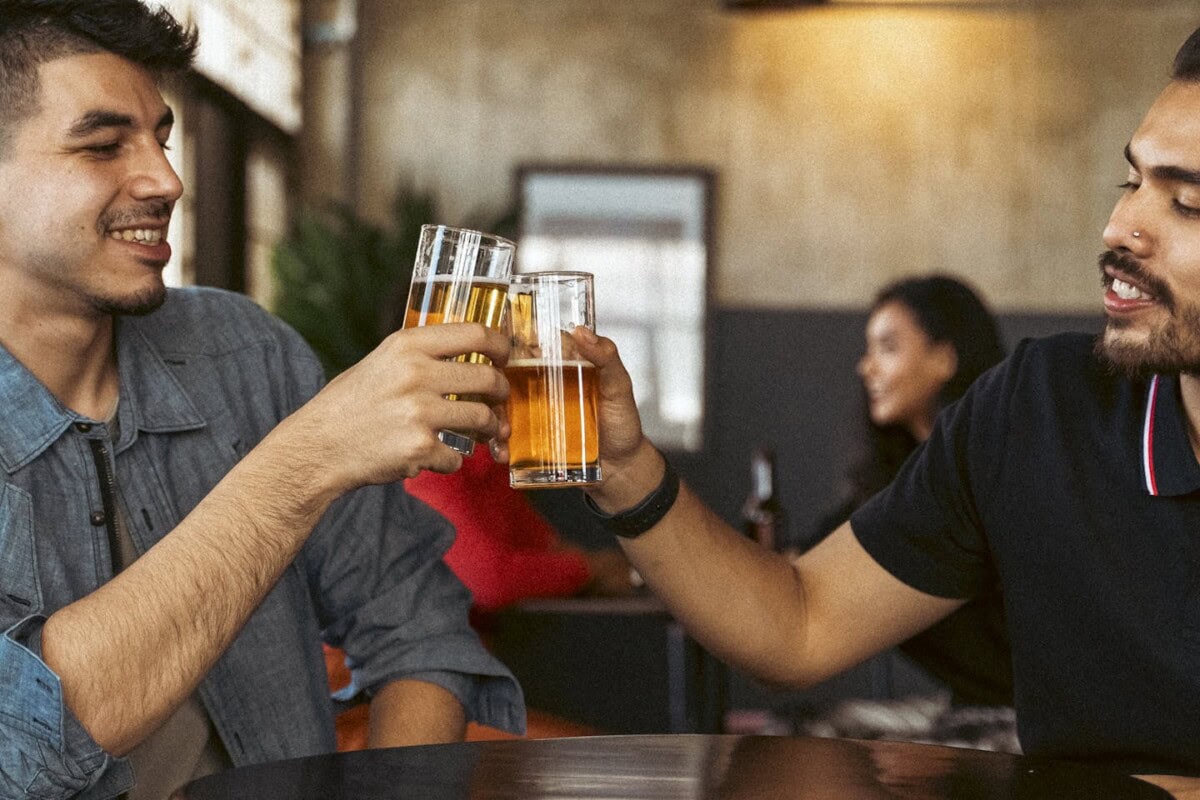 Men Toasting Drinks while Having Conversation