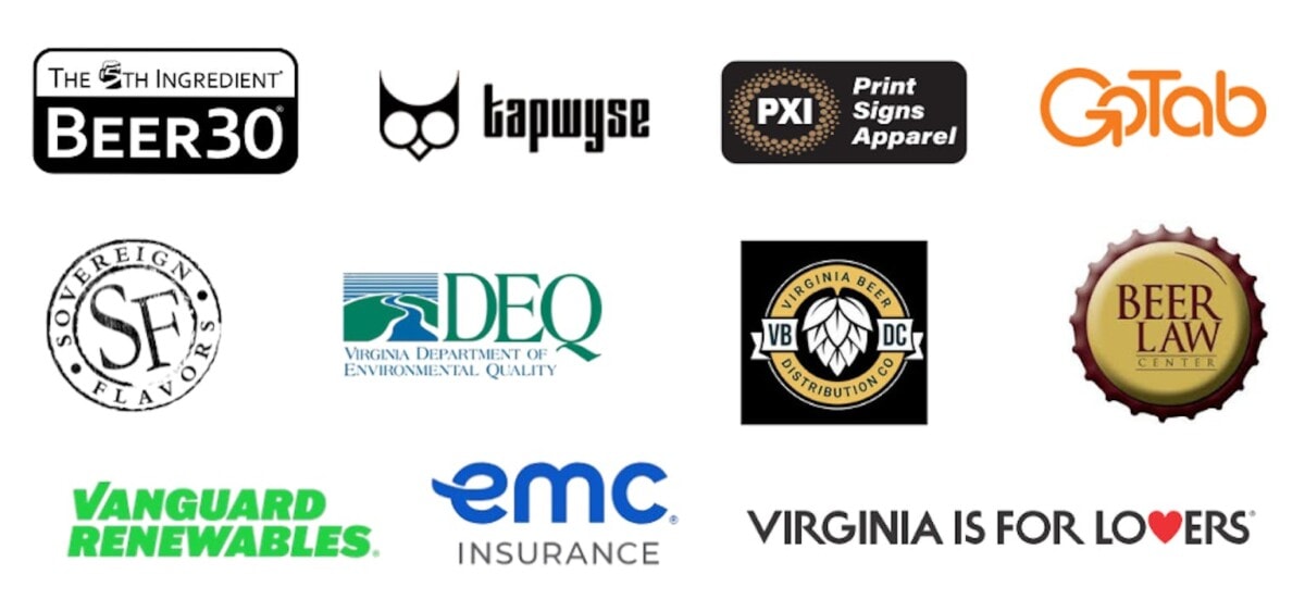 Logo Wall with: The 5th Ingredient's Beer30, TapWyse, PXI: Print Signs Apparel, GoTab, Sovereign Flavors, Virginia Department of Environmental Quality, Virginia Beer Distribution co., Beer Law Center, Vanguard Renewables, emc Insurance, Virginia is for Lovers